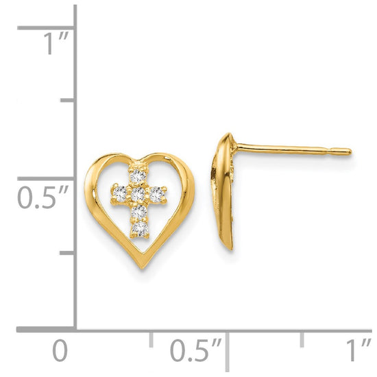 14k Madi K CZ Heart Cross Childrens Post Earrings