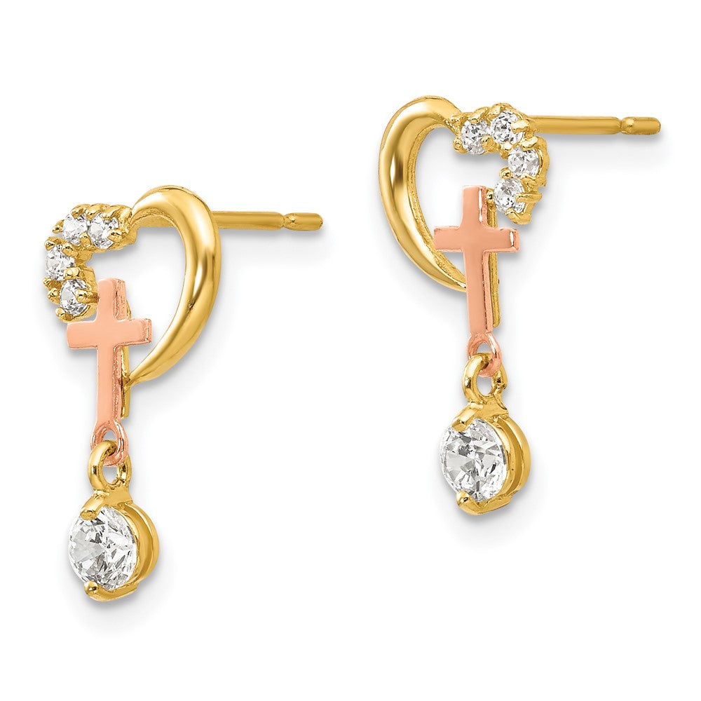 14k Madi K Two-tone CZ Cross and Heart Childrens Post Earrings