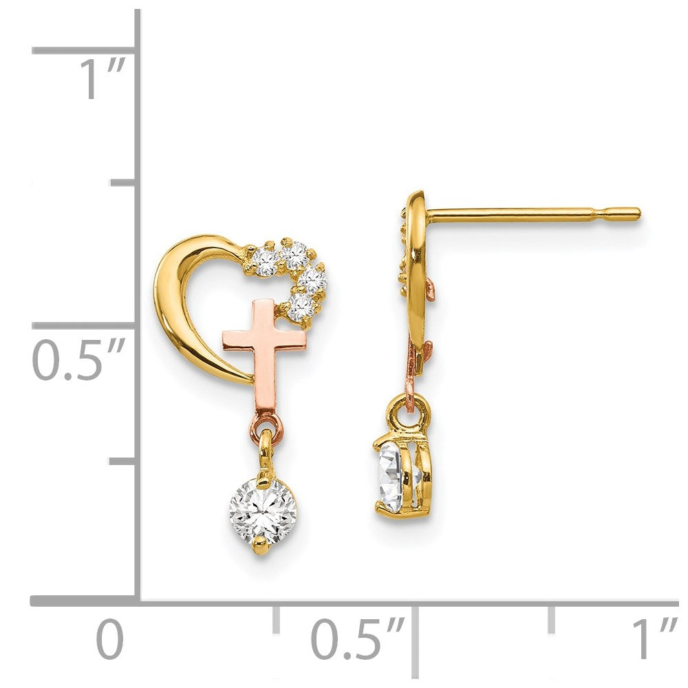 14k Madi K Two-tone CZ Cross and Heart Childrens Post Earrings