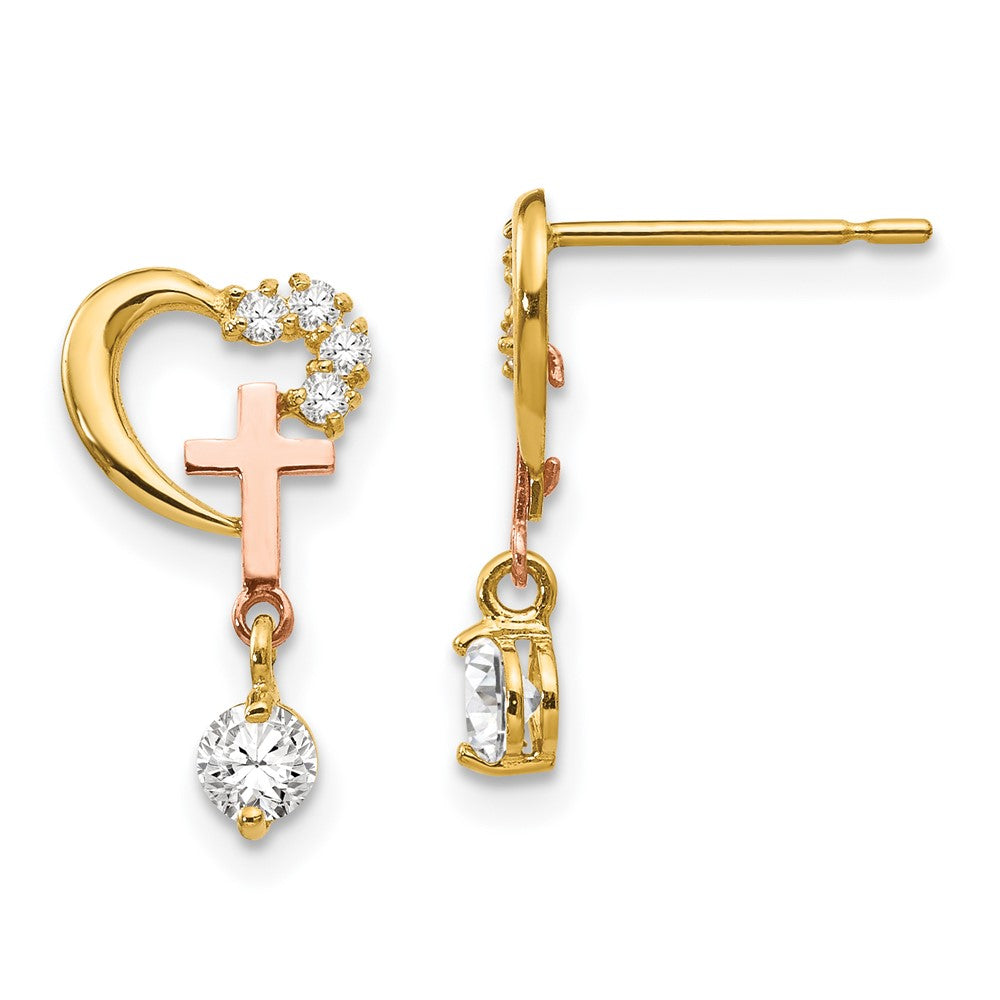 14k Madi K Two-tone CZ Cross and Heart Childrens Post Earrings
