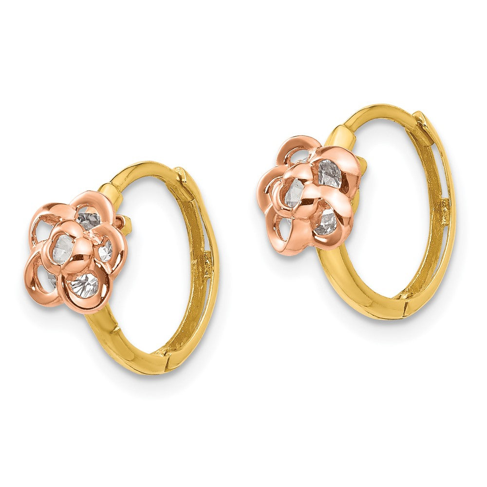 14k Yellow and Rose Gold Madi K CZ Flower Childrens Hinged Hoop Earrings