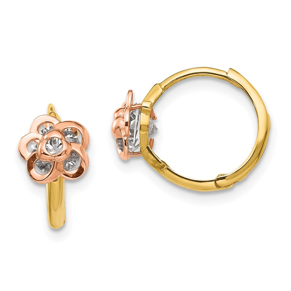 14k Yellow and Rose Gold Madi K CZ Flower Childrens Hinged Hoop Earrings