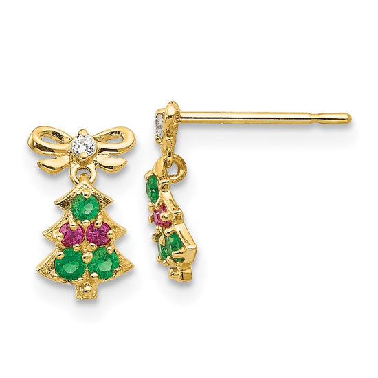 14k Madi K CZ Christmas Tree Dangle Childrens Post Earrings