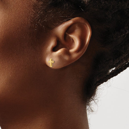 14k Madi K Satin and Polished Diamond-cut Cross Childrens Post Earrings