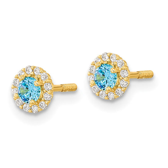 14k Madi K Polished 3mm Round Blue and Clear CZ Halo Screwback Post Earrings