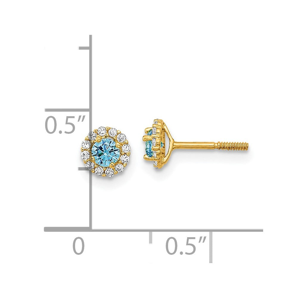 14k Madi K Polished 3mm Round Blue and Clear CZ Halo Screwback Post Earrings