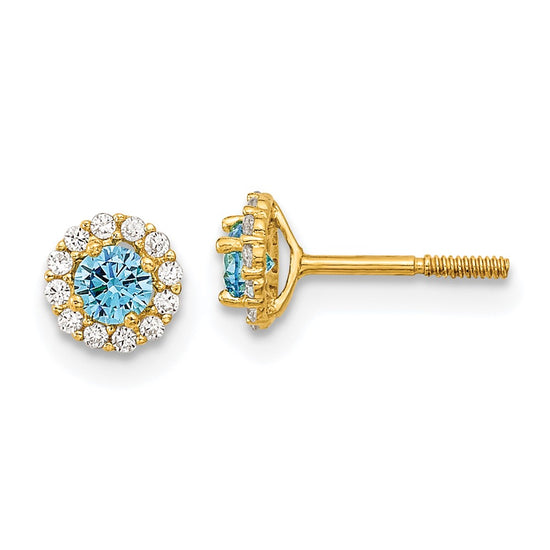 14k Madi K Polished 3mm Round Blue and Clear CZ Halo Screwback Post Earrings