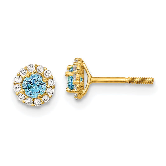 14k Madi K Polished 3mm Round Blue and Clear CZ Halo Screwback Post Earrings