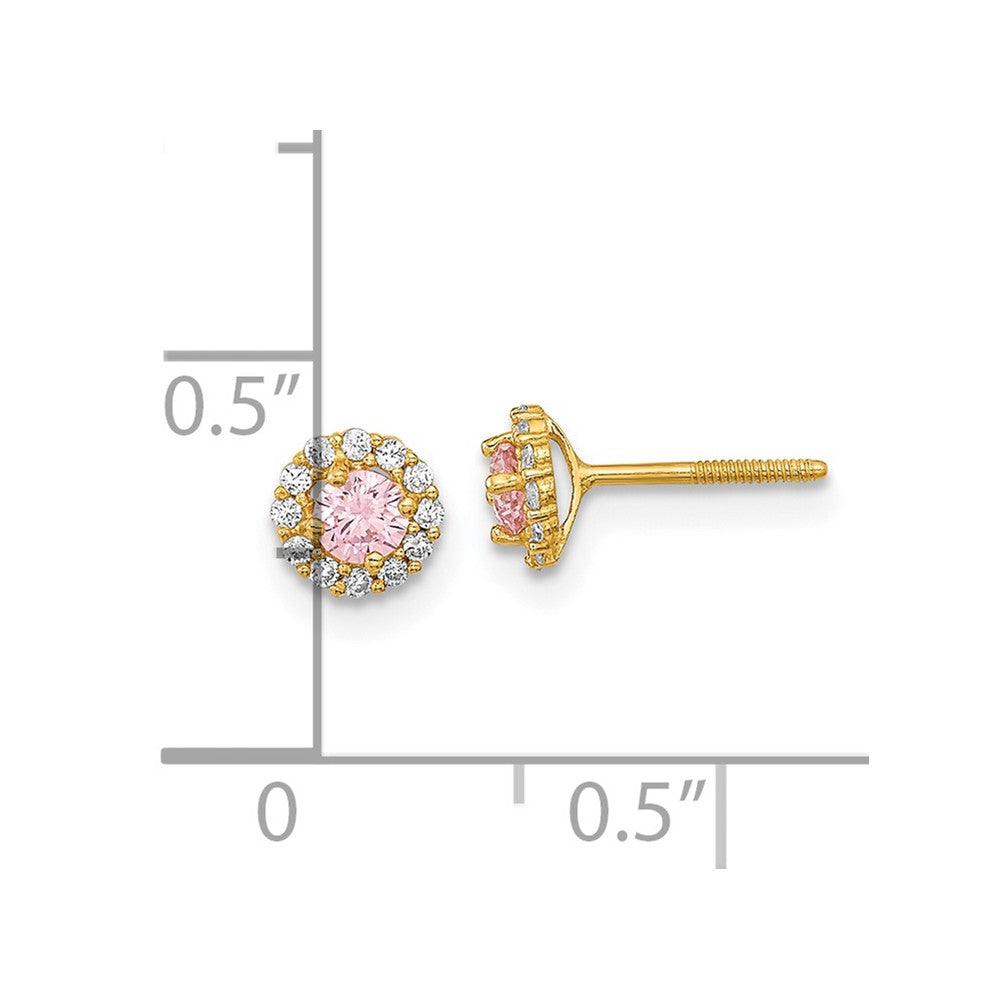 14k Madi K Polished 3mm Round Pink and Clear CZ Halo Screwback Post Earrings