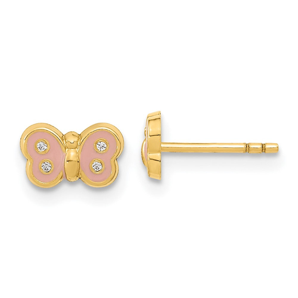 14k Madi K Polished Pink Enameled and CZ Butterfly Childrens Post Earrings