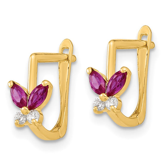 14k Madi K Polished Red and White CZ Butterfly Childrens Hinged Earrings