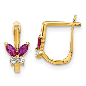 14k Madi K Polished Red and White CZ Butterfly Childrens Hinged Earrings