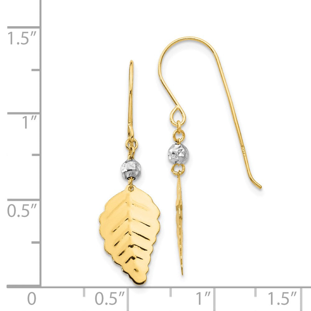 14K Two-tone Stamped Leaf Dangle French Hook Earrings