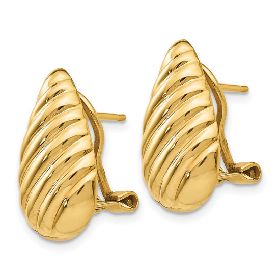 14k 11x20mm Polished Diagonal Stripe Teardrop Omega Back Post Earrings