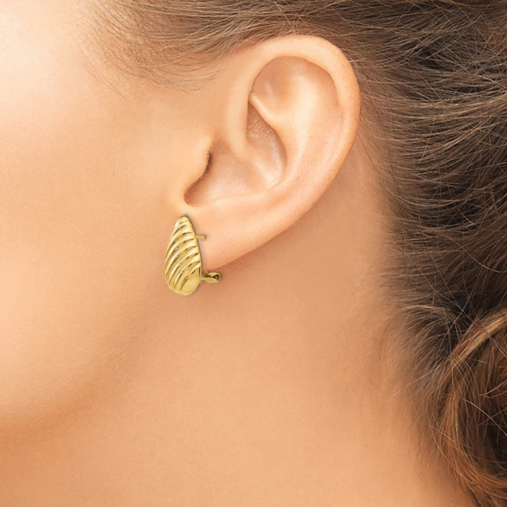 14k 11x20mm Polished Diagonal Stripe Teardrop Omega Back Post Earrings