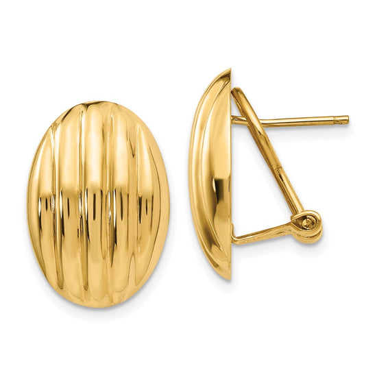 14k 14x19mm Oval Polished Fancy Ribbed Omega Back Post Earrings