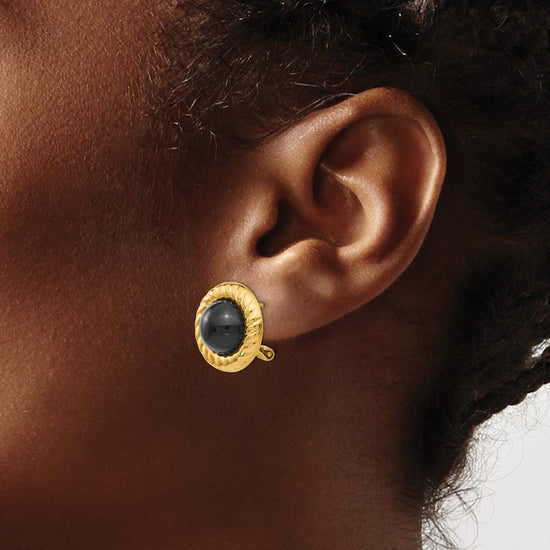 14k Black Onyx Cabochon Fancy 16mm Omega Back Earrings