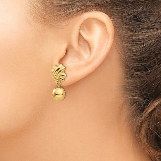 14k Fancy X and Half Ball Dangle Omega Back Non-pierced Earrings