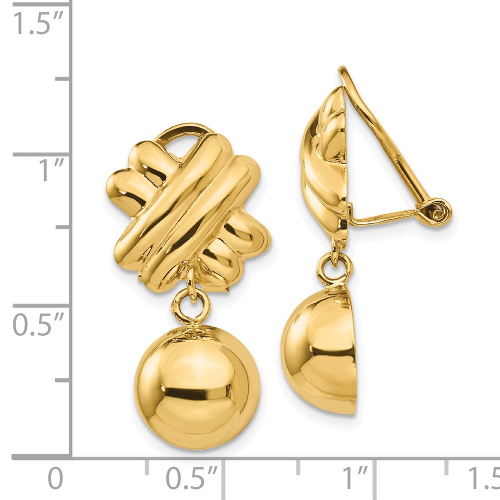 14k Fancy X and Half Ball Dangle Omega Back Non-pierced Earrings