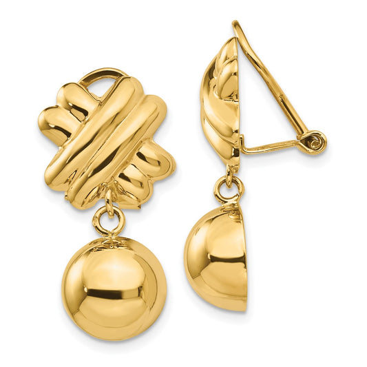 14k Fancy X and Half Ball Dangle Omega Back Non-pierced Earrings