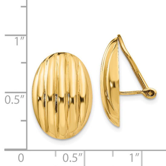 14k 14x19mm Oval Polished Fancy Ribbed Omega Back Non-pierced Earrings