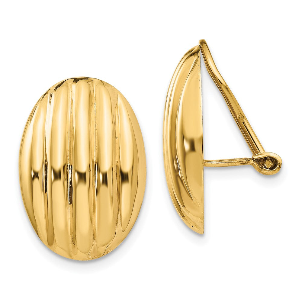 14k 14x19mm Oval Polished Fancy Ribbed Omega Back Non-pierced Earrings