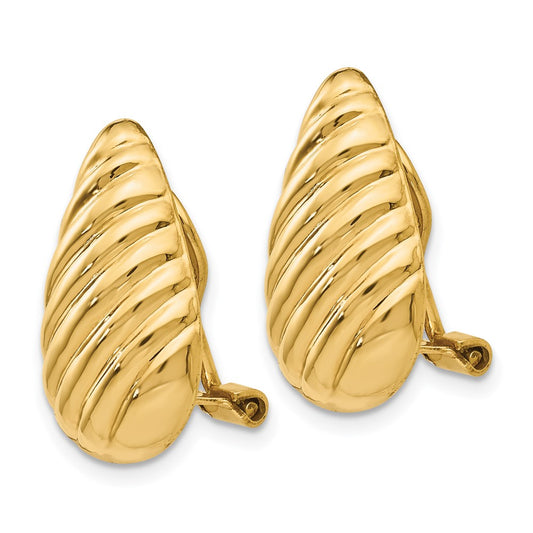 14k 11x20mm Polished Diagonal Stripe Teardrop Omega Back Non-pierced Earrings