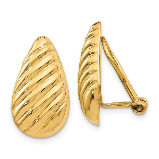 14k 11x20mm Polished Diagonal Stripe Teardrop Omega Back Non-pierced Earrings