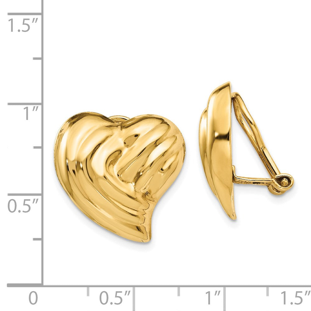 14k 18mm Striped Heart Omega Back Non-pierced Earrings