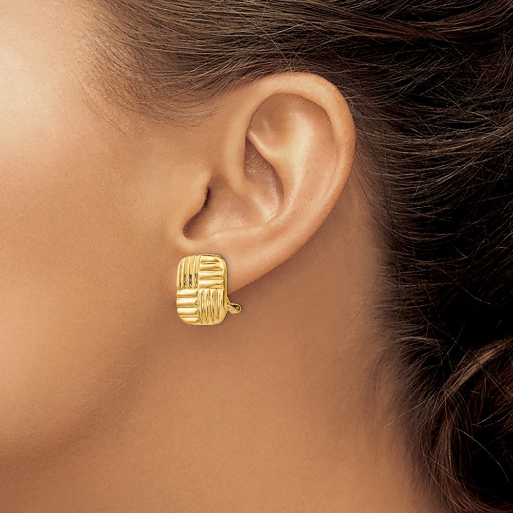 14k 16mm Square Basketweave Omega Back Non-pierced Earrings
