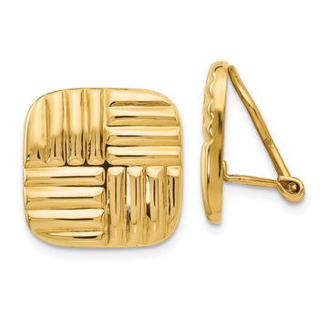 14k 16mm Square Basketweave Omega Back Non-pierced Earrings