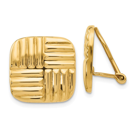 14k 16mm Square Basketweave Omega Back Non-pierced Earrings