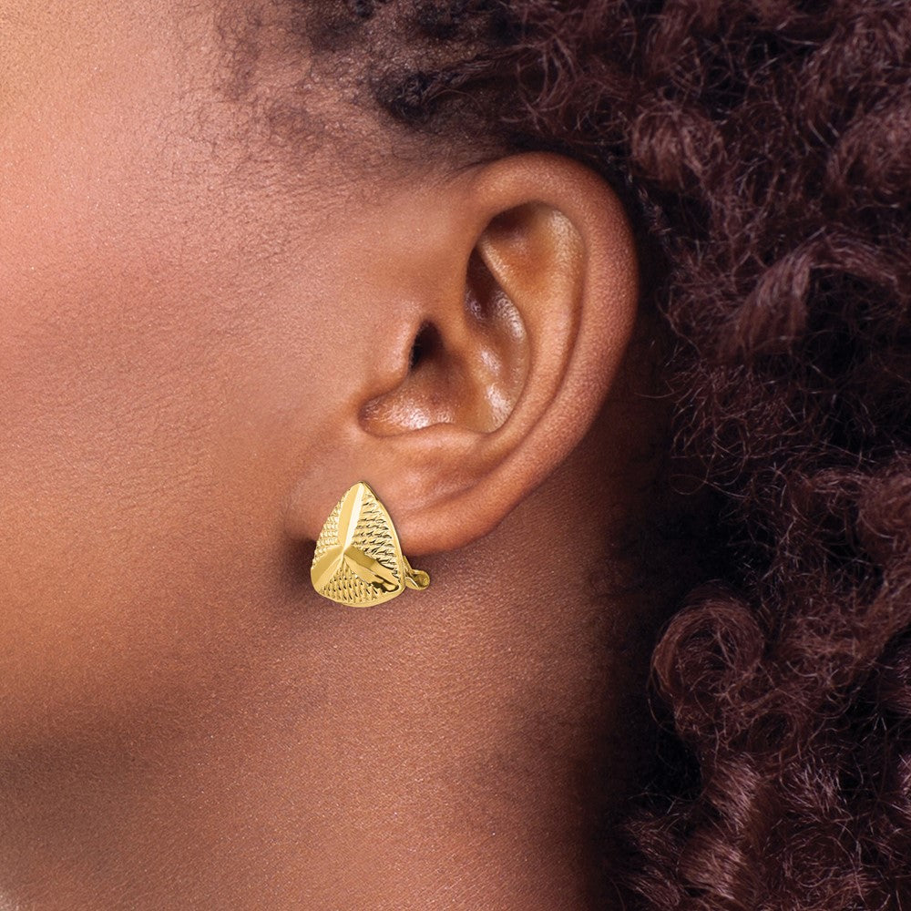 14k 15mm Textured Triangle Omega Back Non-pierced Earrings