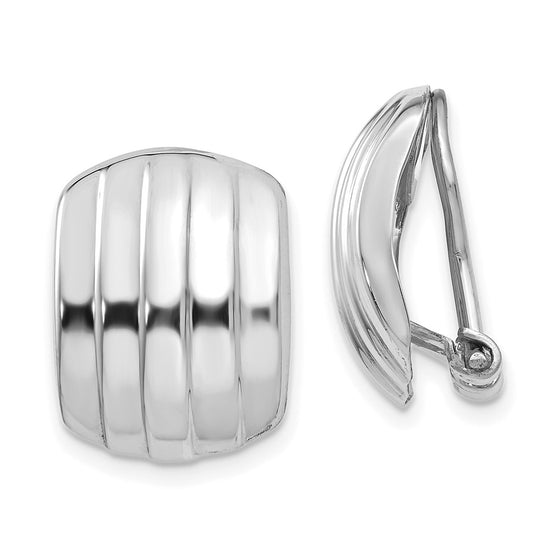 14k White Gold 12x17mm Polished Ribbed Omega Back Non-pierced Earrings