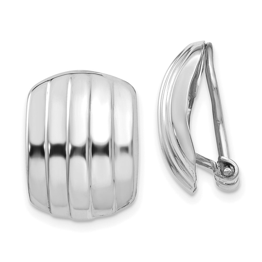 14k White Gold 12x17mm Polished Ribbed Omega Back Non-pierced Earrings