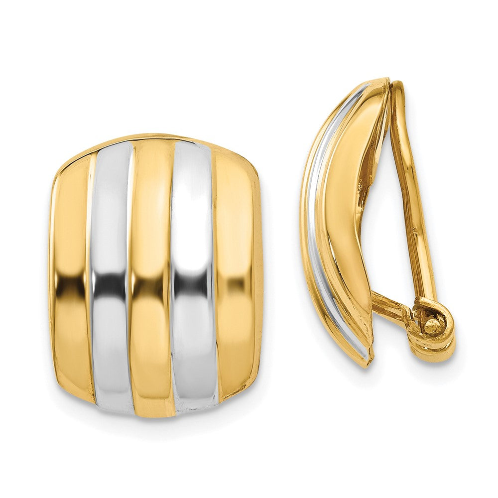 14k and White Rhodium 12x17mm Polished Ribbed Omega Back Non-pierced Earrings