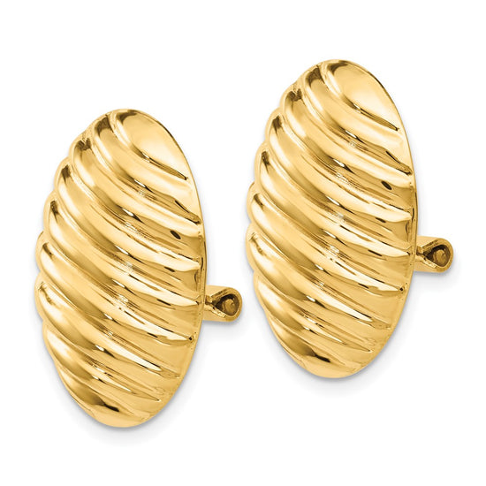 14k 15x21mm Oval Button Polished Striped Omega Back Non-pierced Earrings