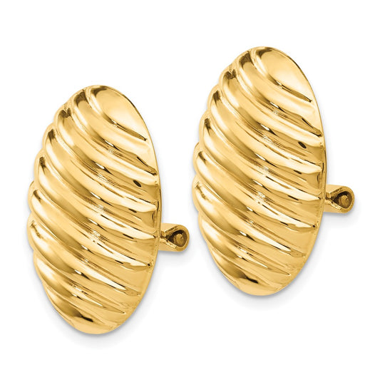 14k 15x21mm Oval Button Polished Striped Omega Back Non-pierced Earrings