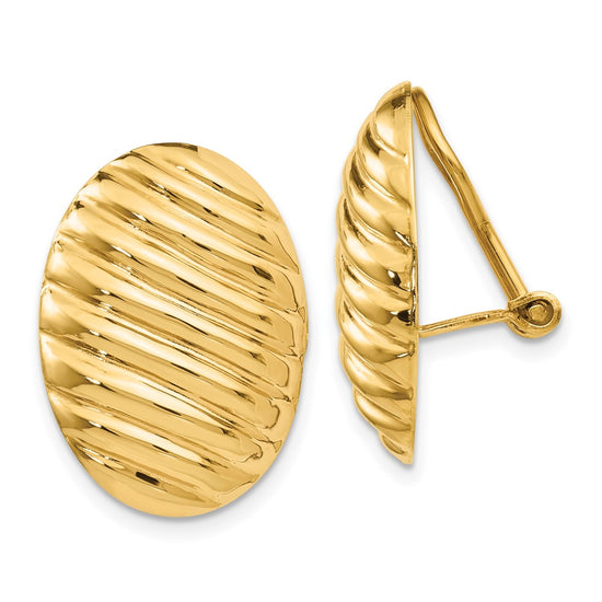 14k 15x21mm Oval Button Polished Striped Omega Back Non-pierced Earrings