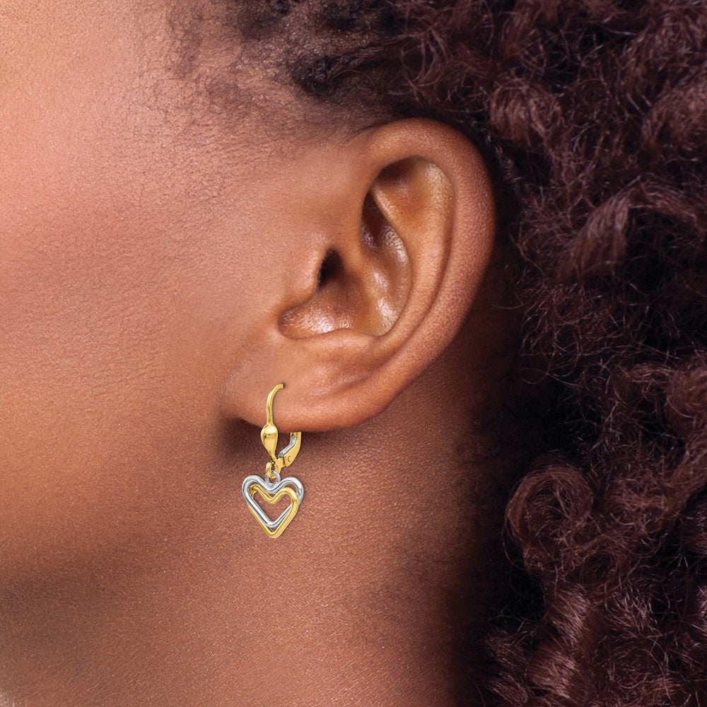 14k Two-tone Open Heart Dangle Leverback Earrings