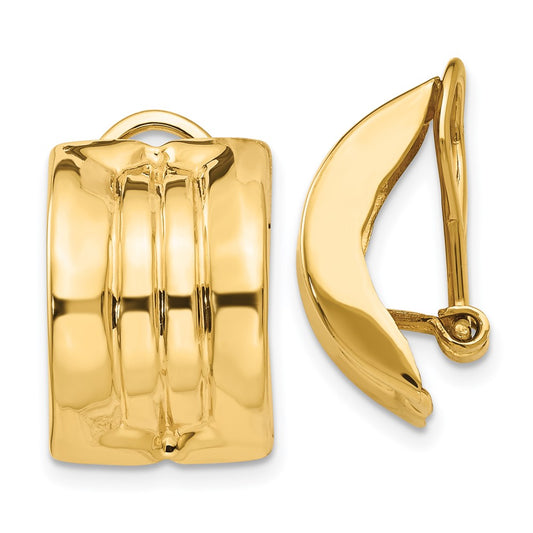 14k 12x16mm Polished Striped Omega Back Non-pierced Earrings