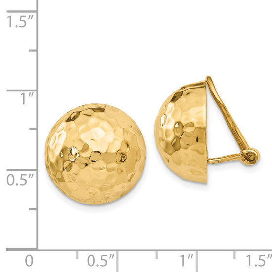 14k 16mm Hammered Half Ball Omega Back Non-pierced Earrings