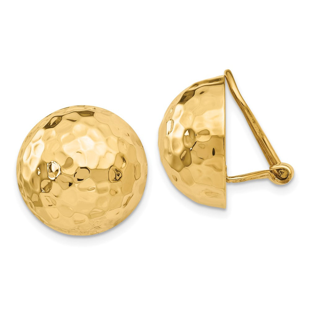 14k 16mm Hammered Half Ball Omega Back Non-pierced Earrings