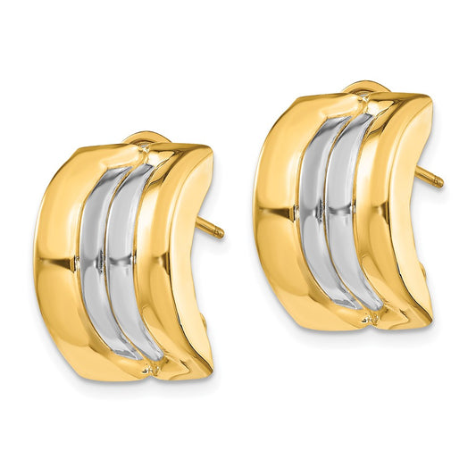14k and White Rhodium 11.75x20mm Striped Omega Back Post Earrings