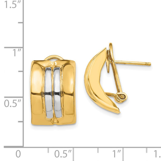 14k and White Rhodium 11.75x20mm Striped Omega Back Post Earrings