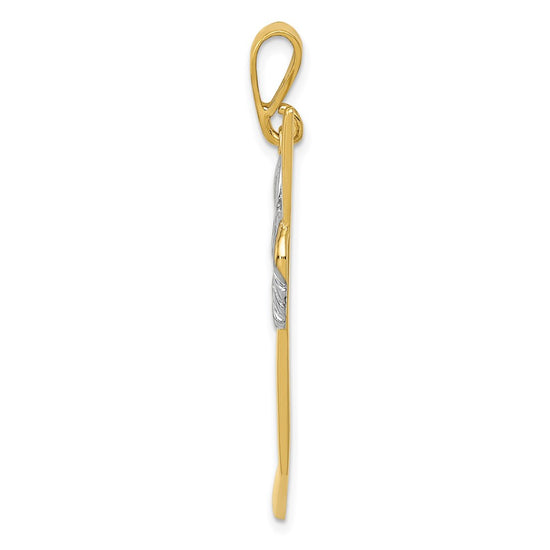 14K and White Rhodium Solid Polished Hockey Stick and Glove Pendant