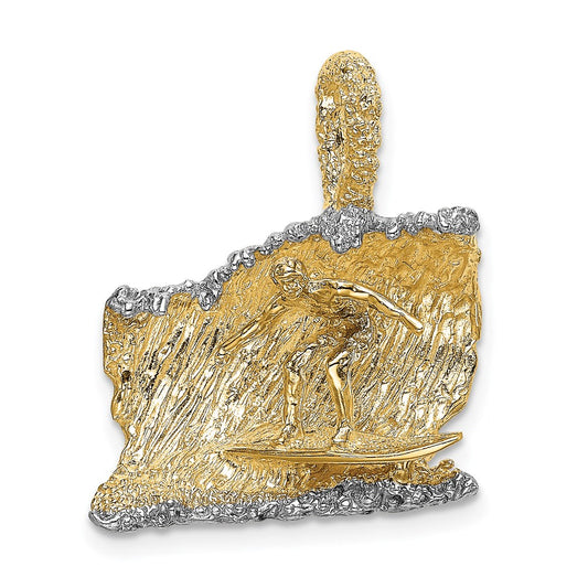 14K and White Rhodium 3-D Surfer In Wave Charm