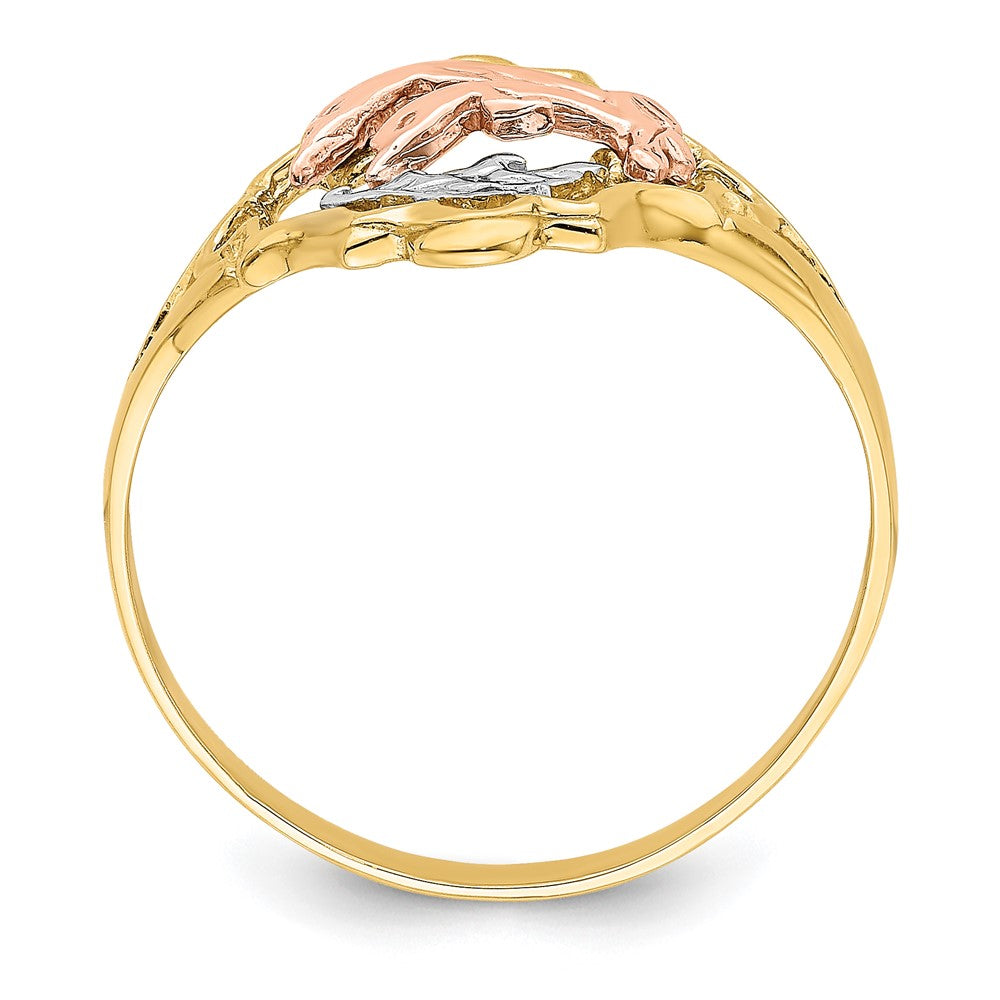 14K Yellow and Rose Gold with White Rhodium Double Dolphin Ring