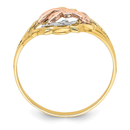 14K Yellow and Rose Gold with White Rhodium Double Dolphin Ring