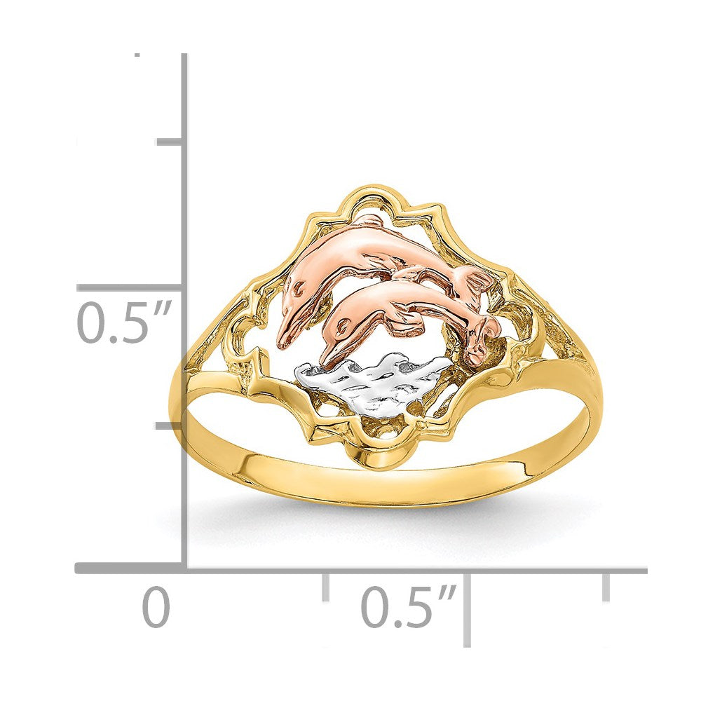 14K Yellow and Rose Gold with White Rhodium Double Dolphin Ring